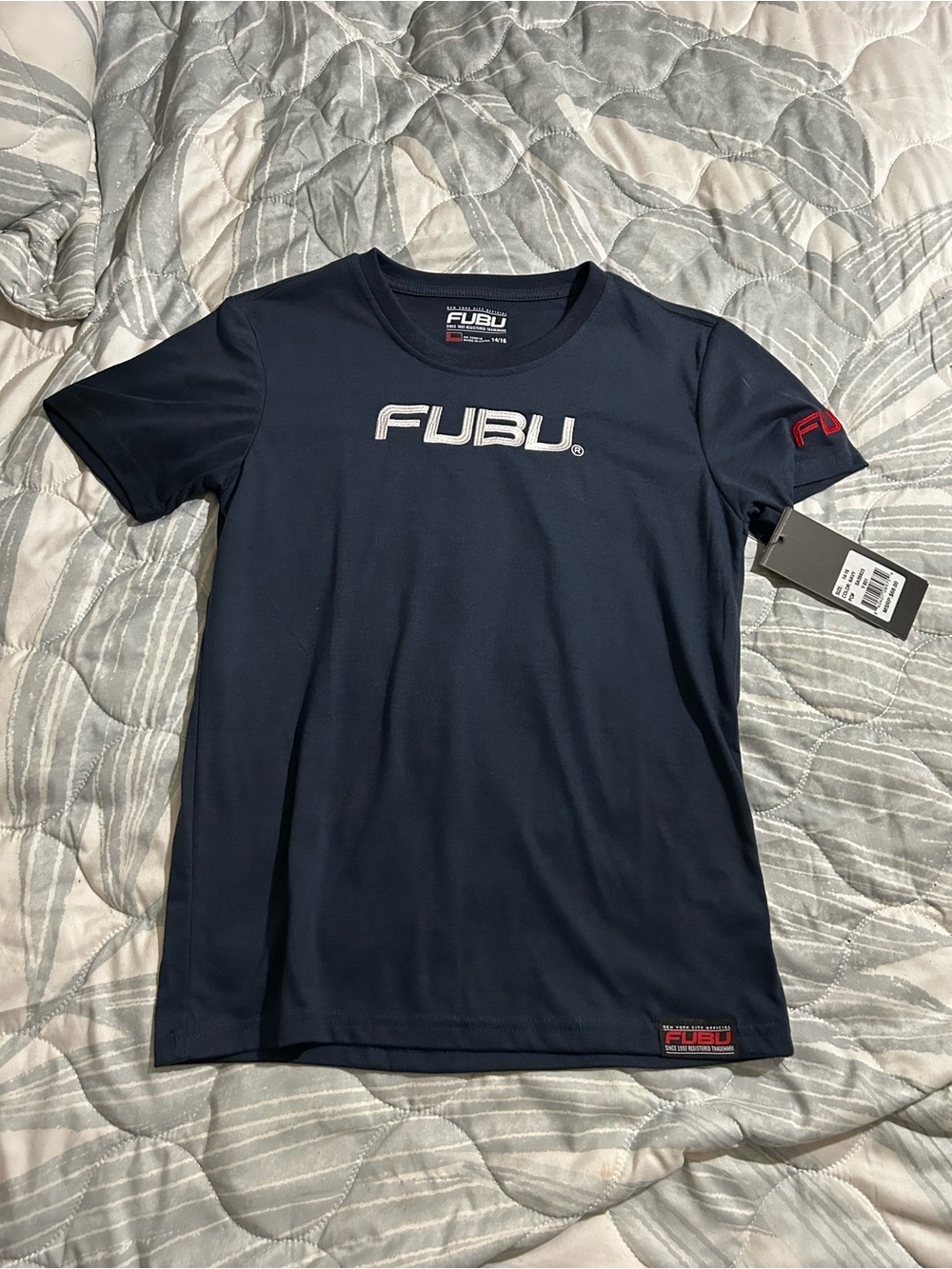 FUBU Navy Short Sleeve Logo Tee with Red Sleeve Accent